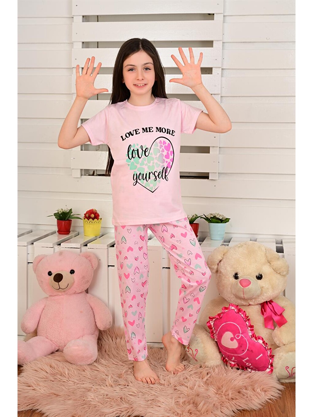 Kız Çocuk Kısa Kollu Pijama Takımı Love Me More Pembe-1