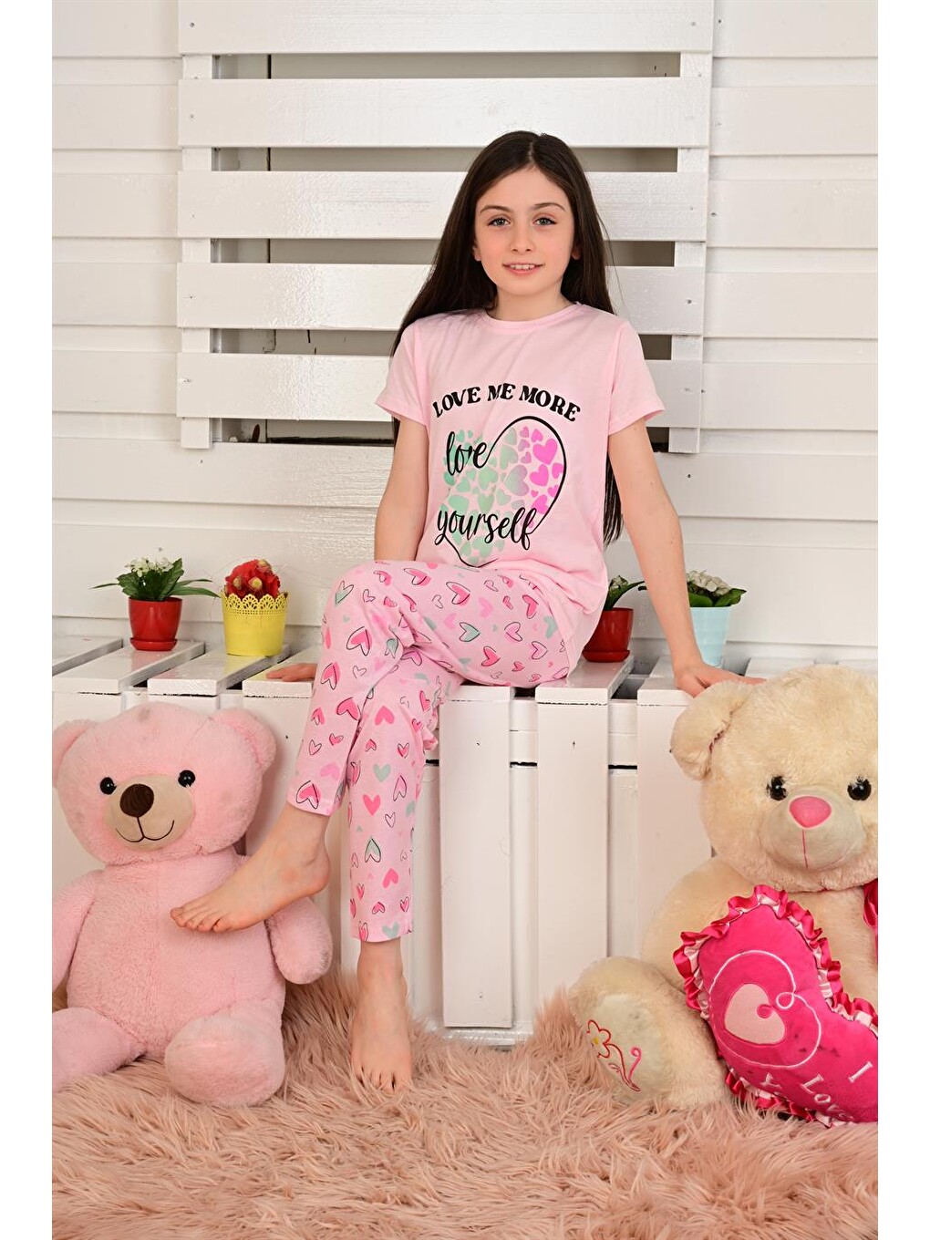Kız Çocuk Kısa Kollu Pijama Takımı Love Me More Pembe-2