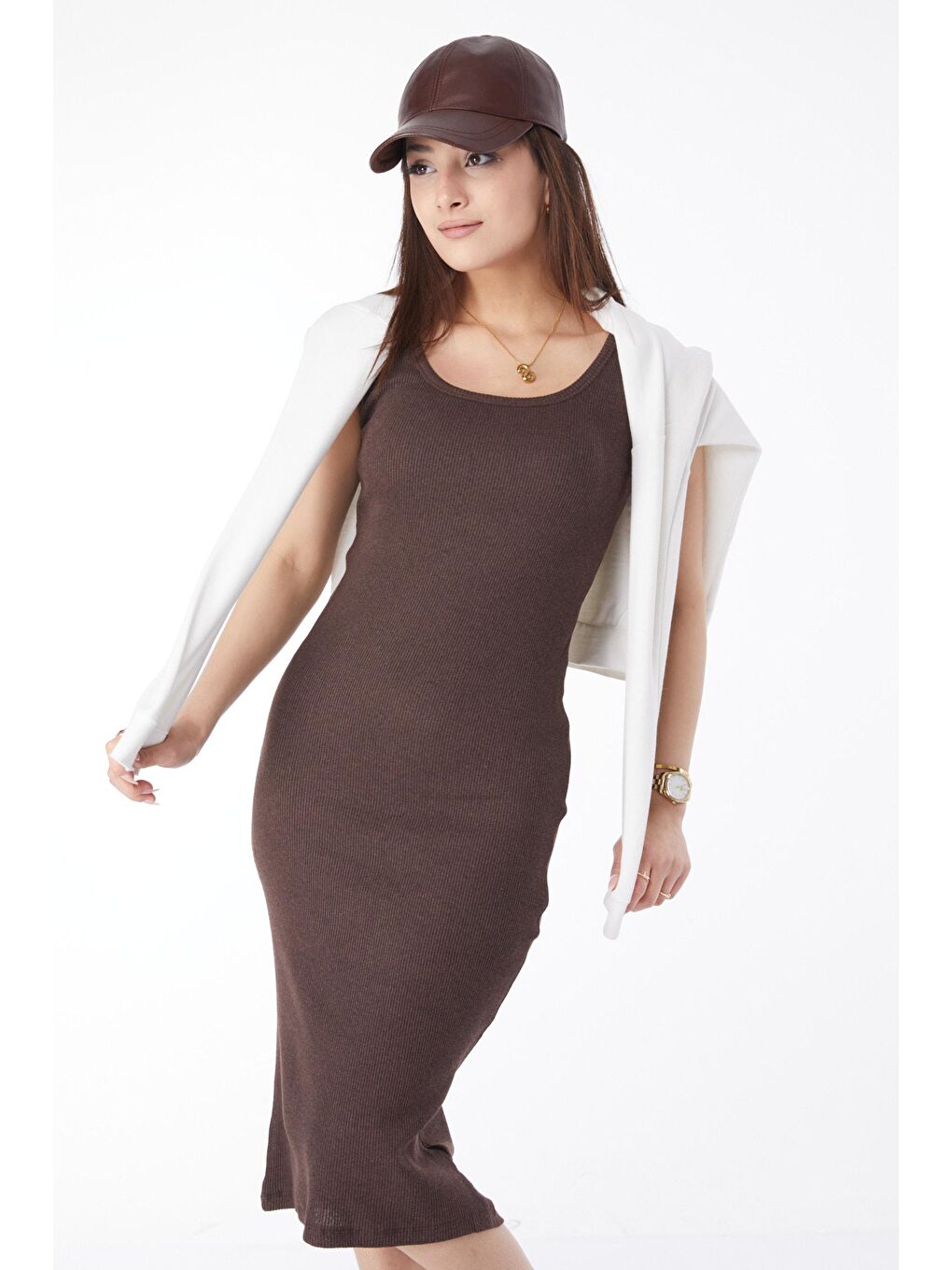 Bisiklet Yaka Kadın Kahverengi Kalın Askılı Elastanlı Midi Elbise - 24527