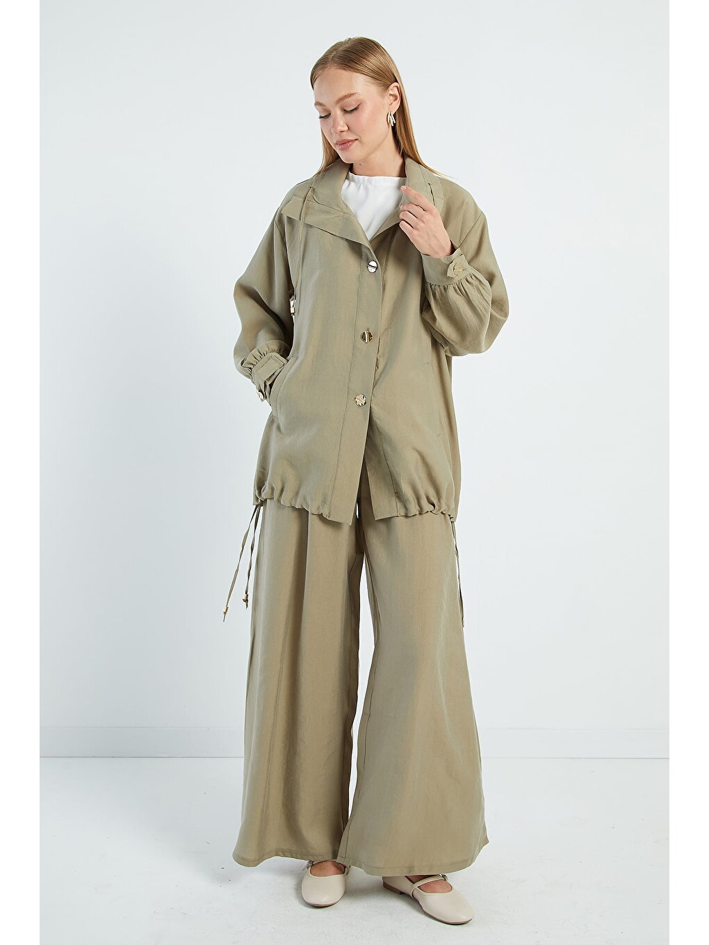Haki Düğmeli Stoperli Oversize Trençkot