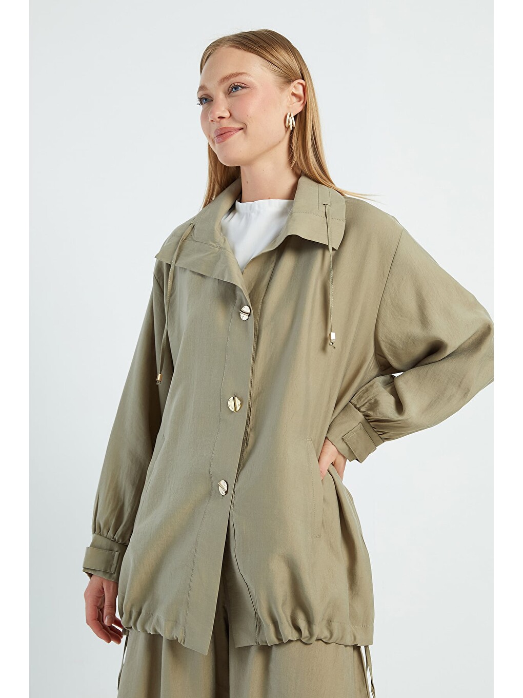 Haki Düğmeli Stoperli Oversize Trençkot-1