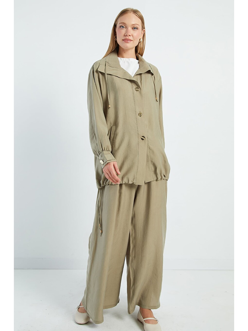 Haki Düğmeli Stoperli Oversize Trençkot-2