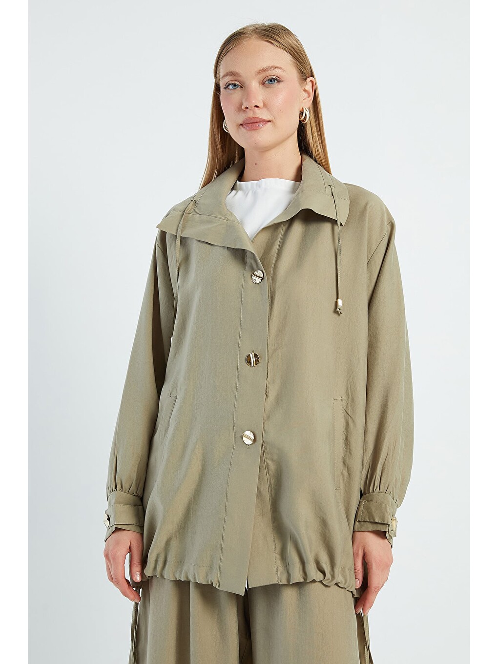 Haki Düğmeli Stoperli Oversize Trençkot-3