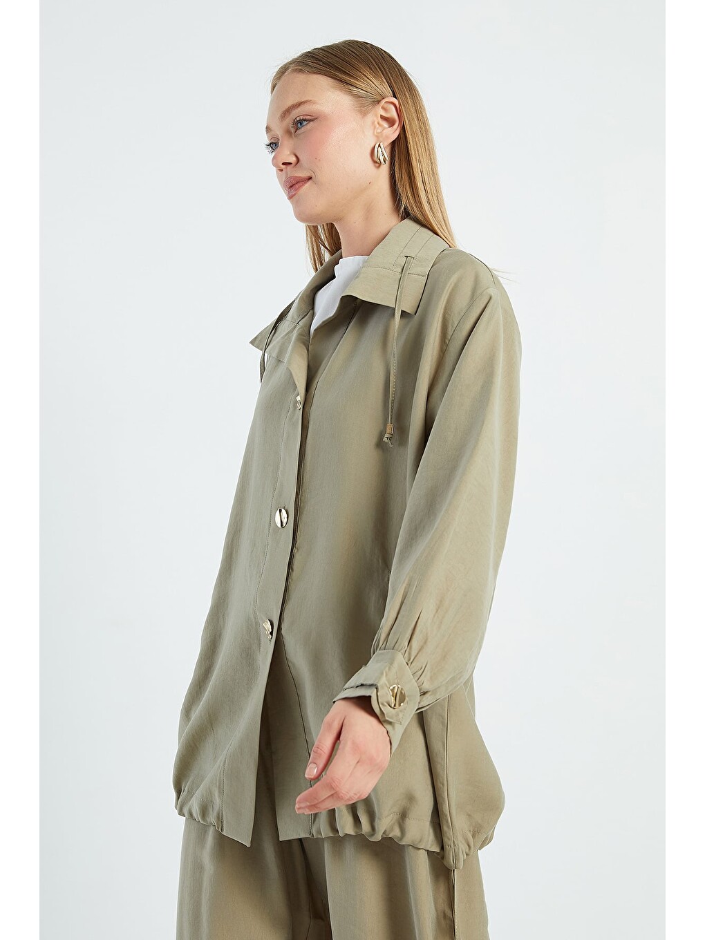 Haki Düğmeli Stoperli Oversize Trençkot-4