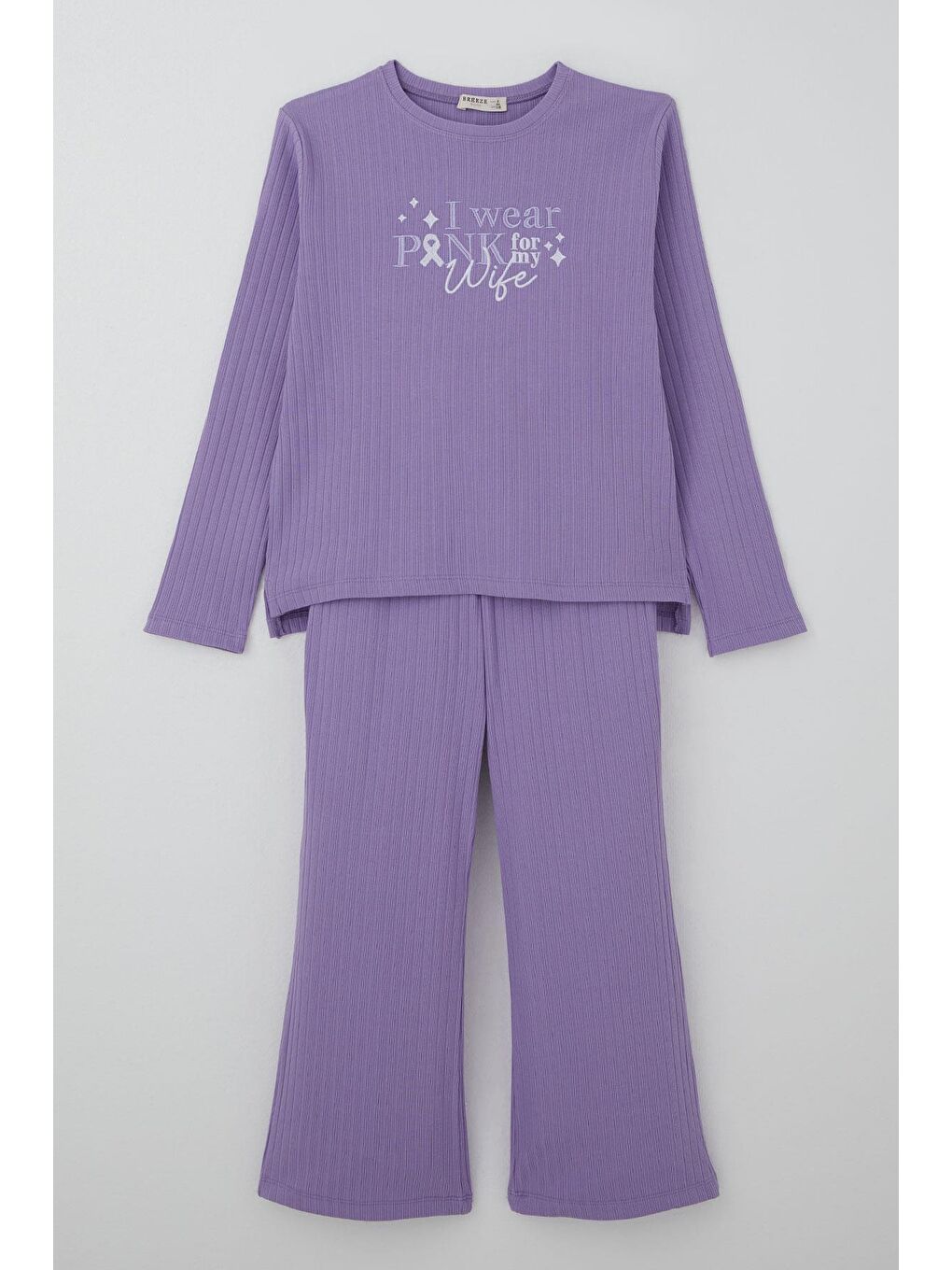 Kız Çocuk Pantolonlu Takım Yazı Nakışlı Fiyonk Detaylı Lila (4-8 Yaş)-1