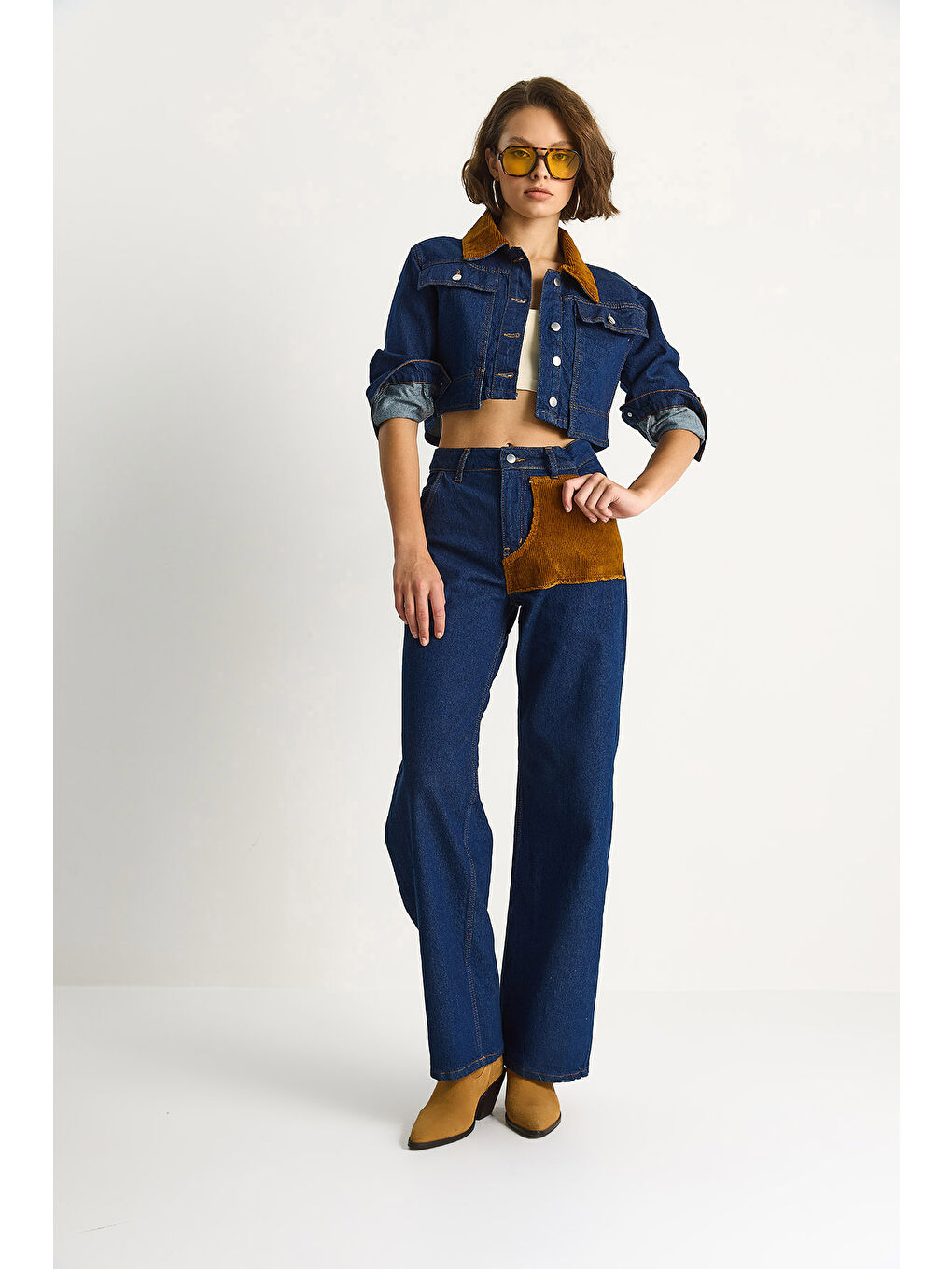 Lacivert Kadın Kadife Yaka Ceket Renk Bloklu Wide Leg Pantolon Denim Takım-2