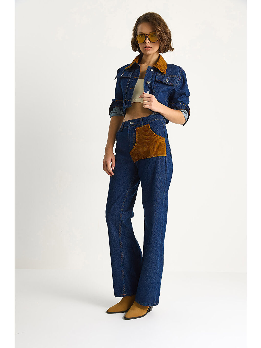 Lacivert Kadın Kadife Yaka Ceket Renk Bloklu Wide Leg Pantolon Denim Takım-3