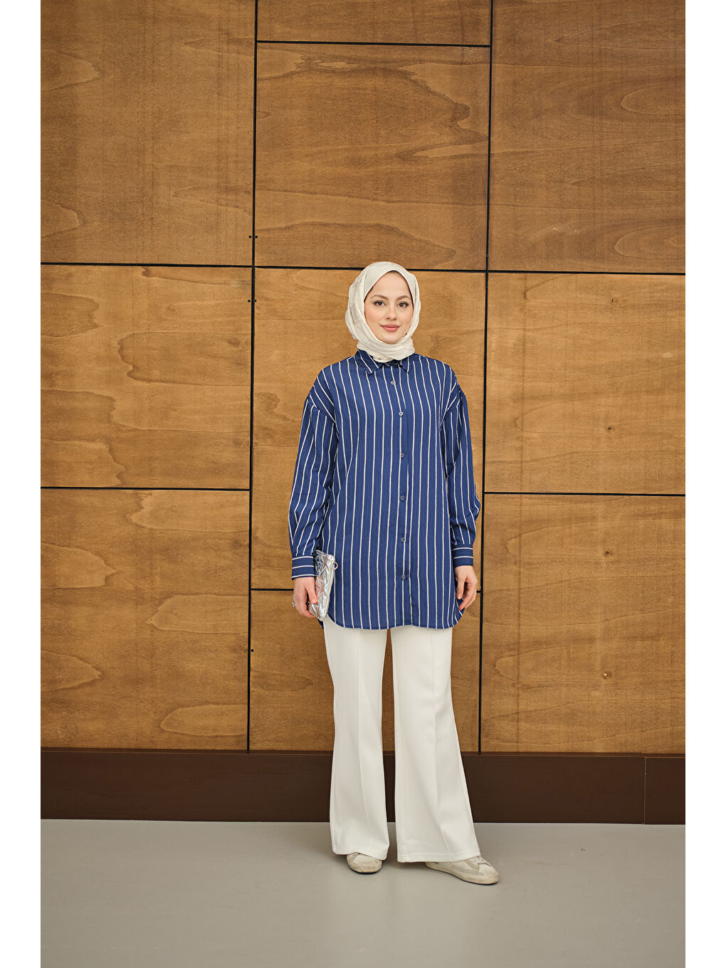 Kadın Çizgili Basic Gömlek Lacivert-1