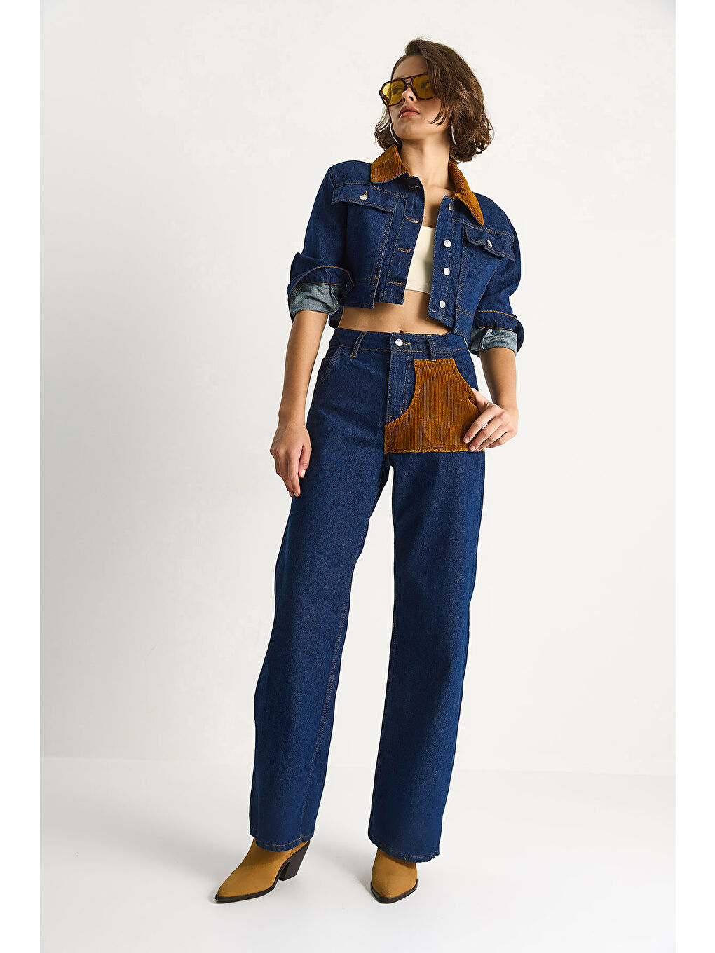 Lacivert Kadın Kadife Yaka Ceket Renk Bloklu Wide Leg Pantolon Denim Takım-4