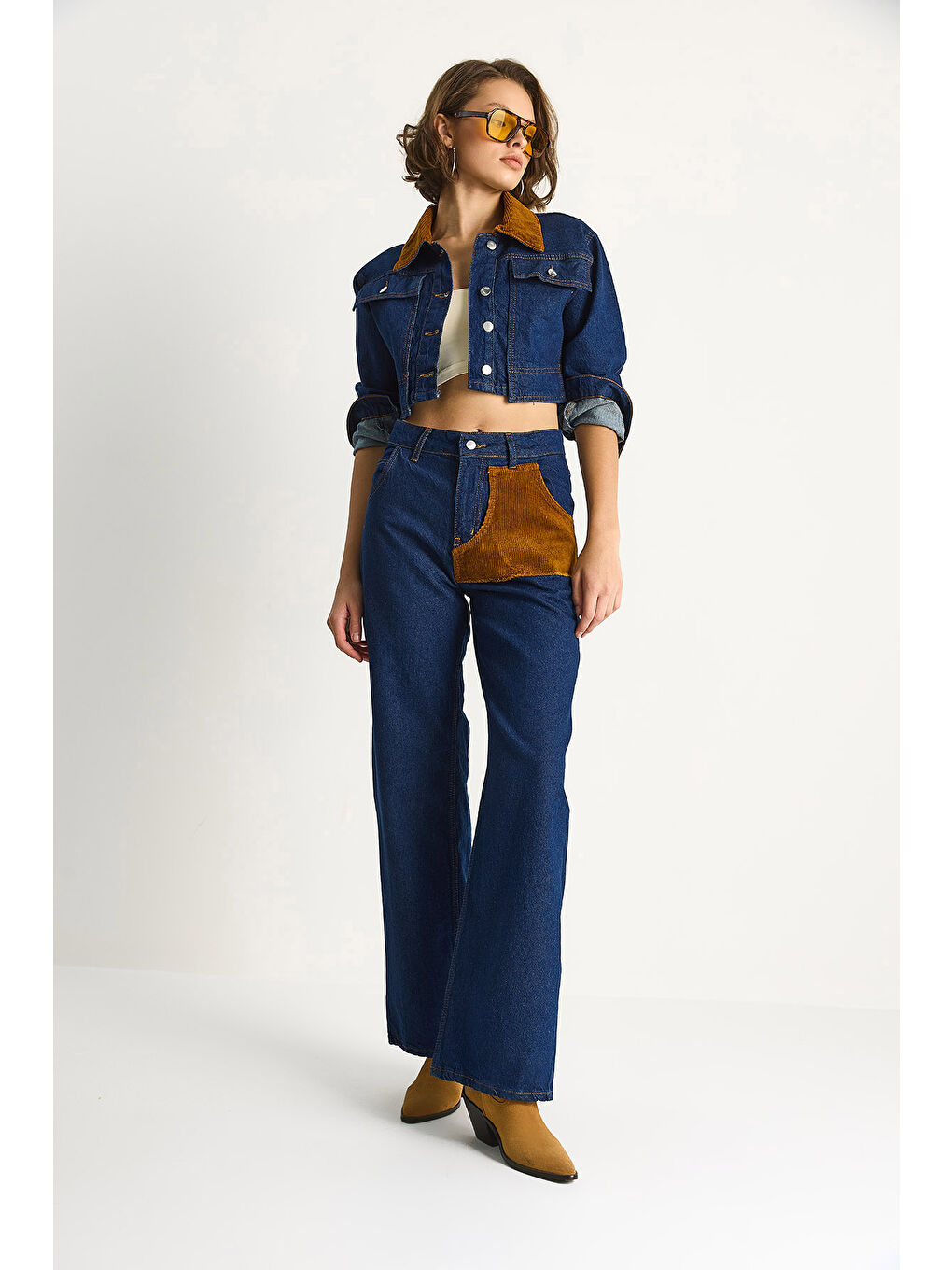 Lacivert Kadın Kadife Yaka Ceket Renk Bloklu Wide Leg Pantolon Denim Takım-5