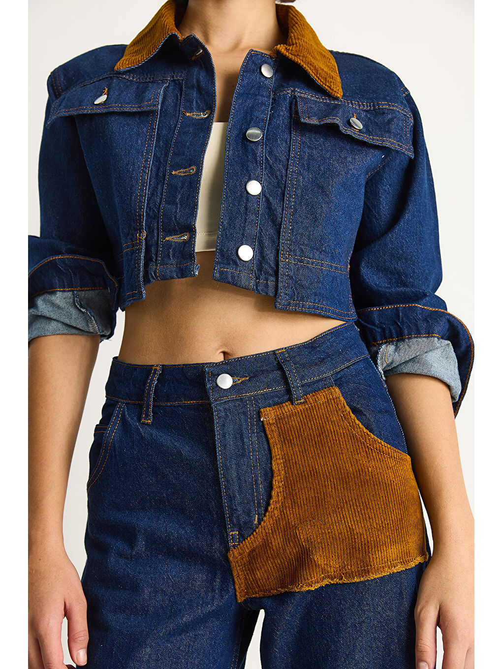 Lacivert Kadın Kadife Yaka Ceket Renk Bloklu Wide Leg Pantolon Denim Takım-6