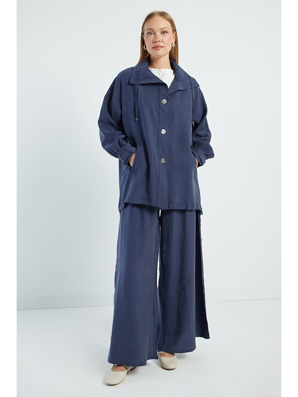 Lacivert Düğmeli Stoperli Oversize Trençkot