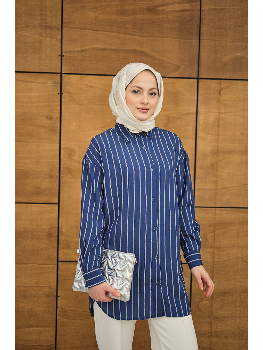 Kadın Çizgili Basic Gömlek Lacivert-2