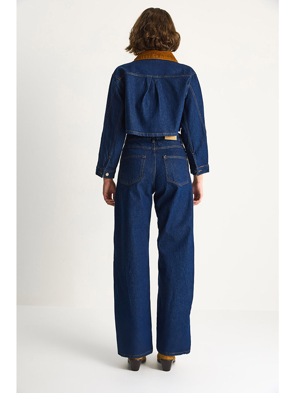 Lacivert Kadın Kadife Yaka Ceket Renk Bloklu Wide Leg Pantolon Denim Takım-7