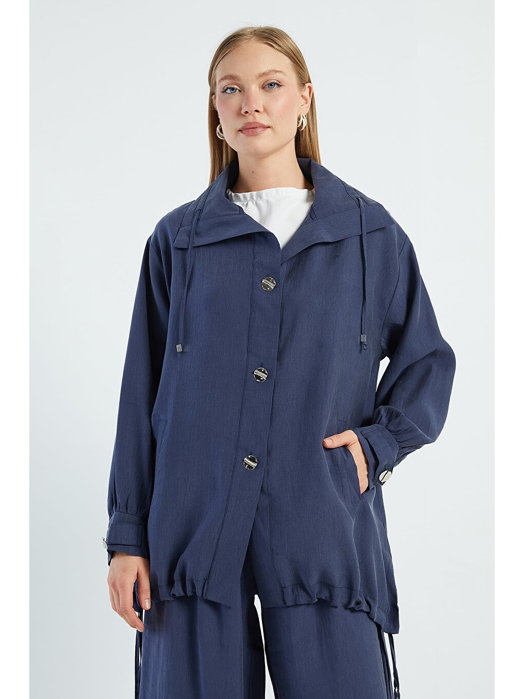 Lacivert Düğmeli Stoperli Oversize Trençkot-1