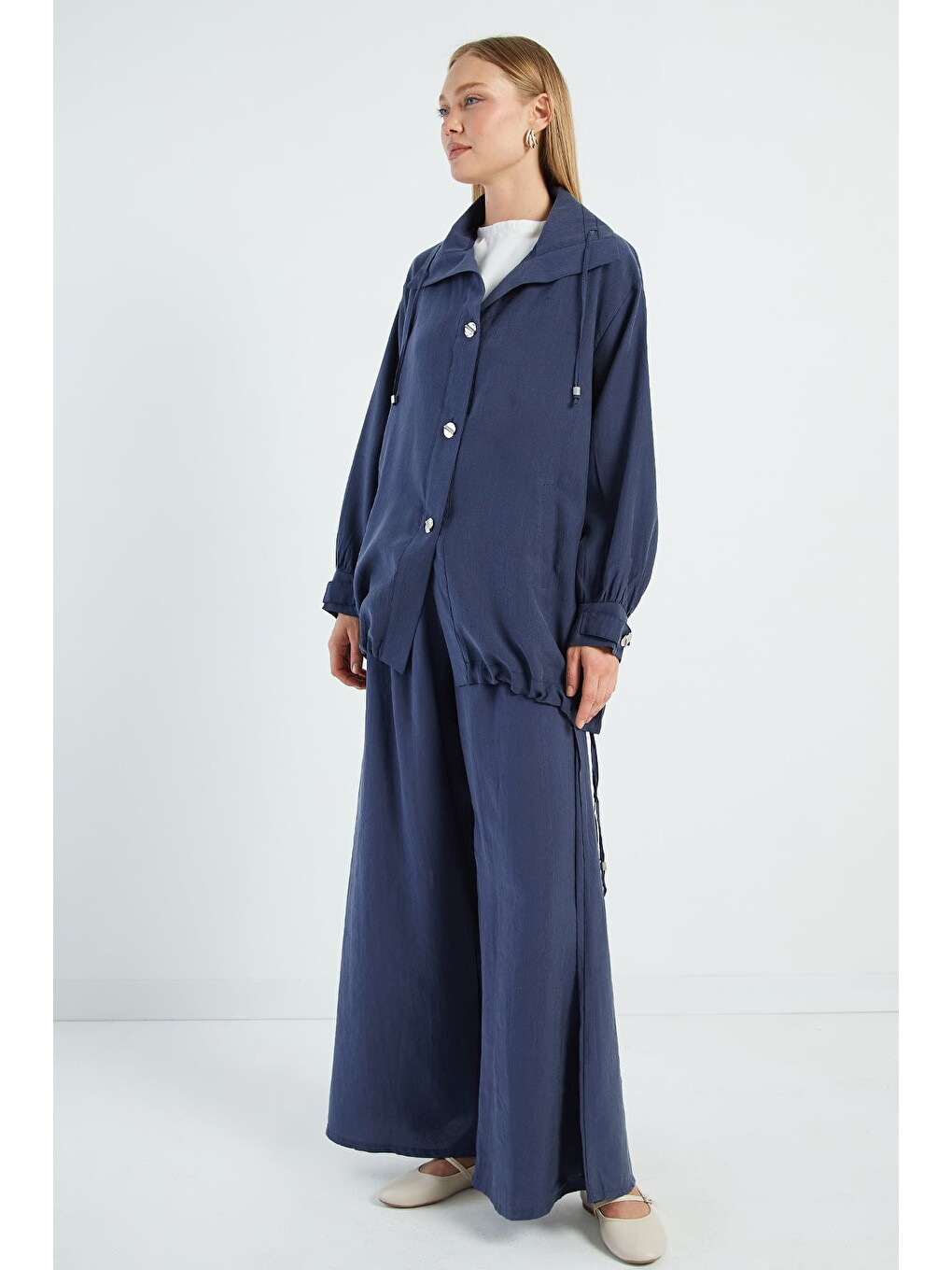 Lacivert Düğmeli Stoperli Oversize Trençkot-2