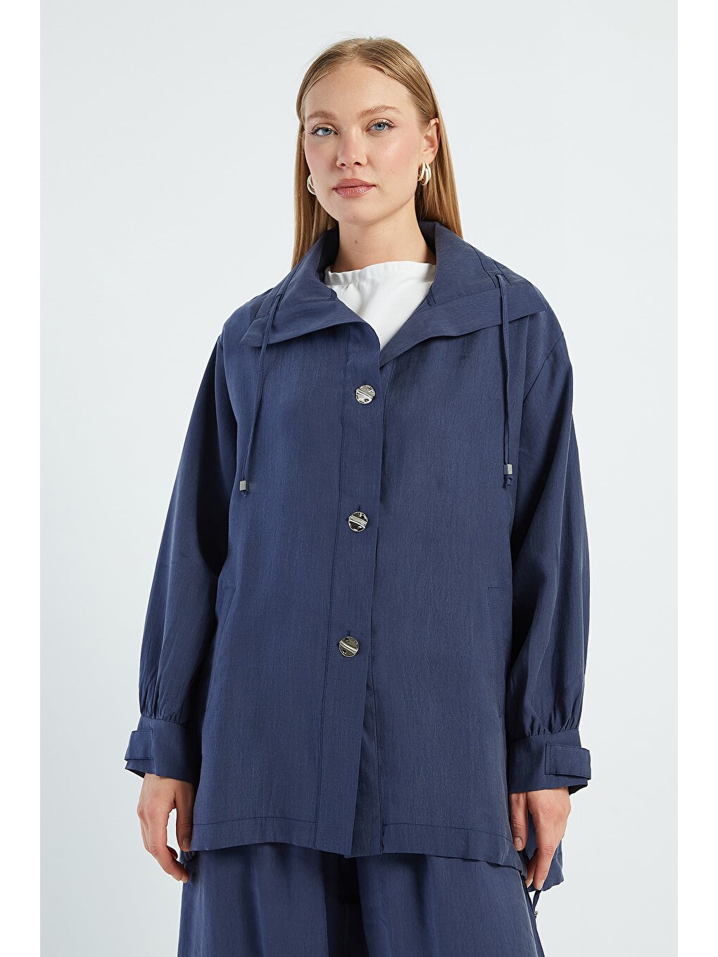 Lacivert Düğmeli Stoperli Oversize Trençkot-3