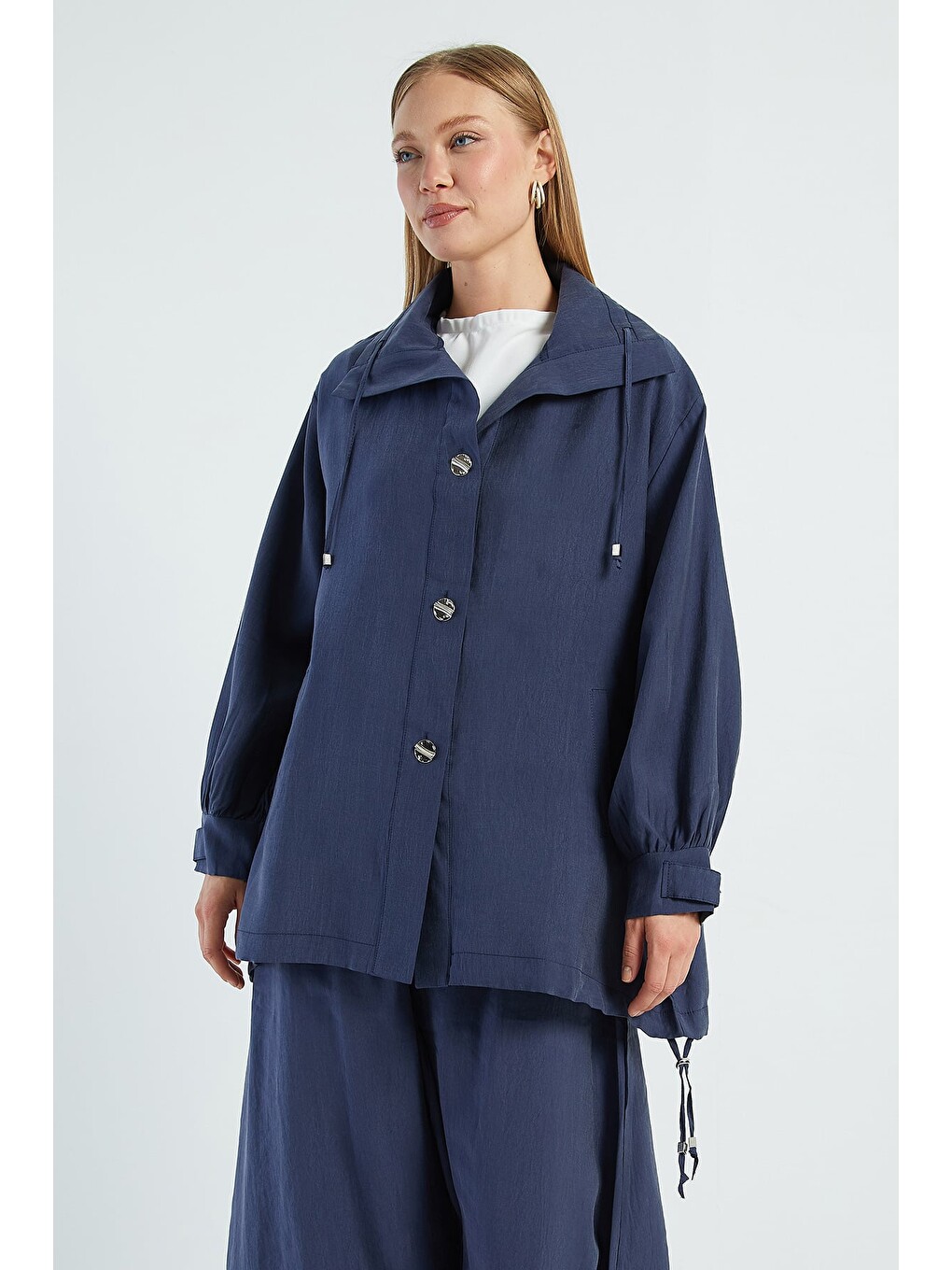Lacivert Düğmeli Stoperli Oversize Trençkot-4