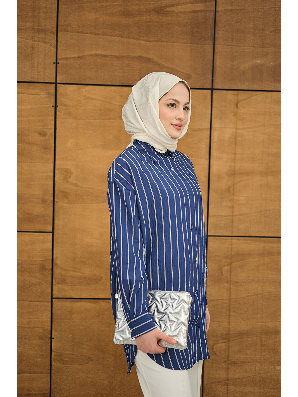 Kadın Çizgili Basic Gömlek Lacivert-3