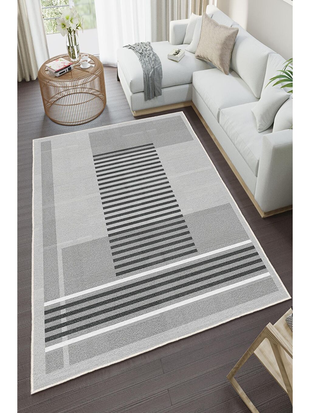 Gri Özel Tasarım, Kaymaz Taban, İnce, Yıkanabilir, Modern Halı WOOKECE1480 80x150-2
