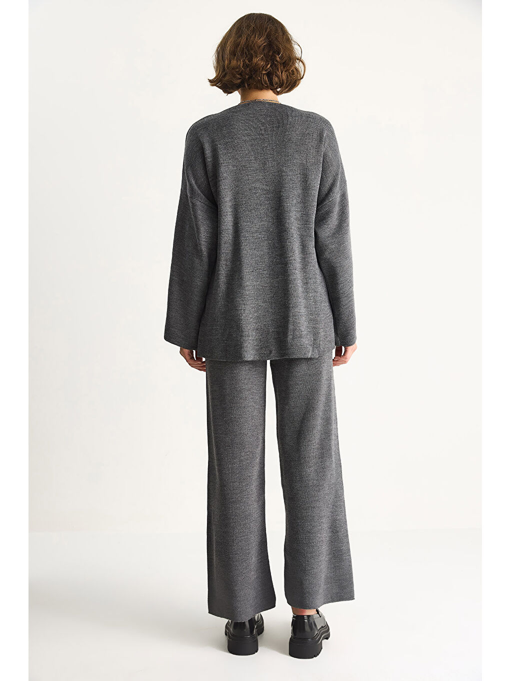 Antrasit Kadın Kruvaze Triko Bluz & Yüksek Bel Pantolon Takım N-5