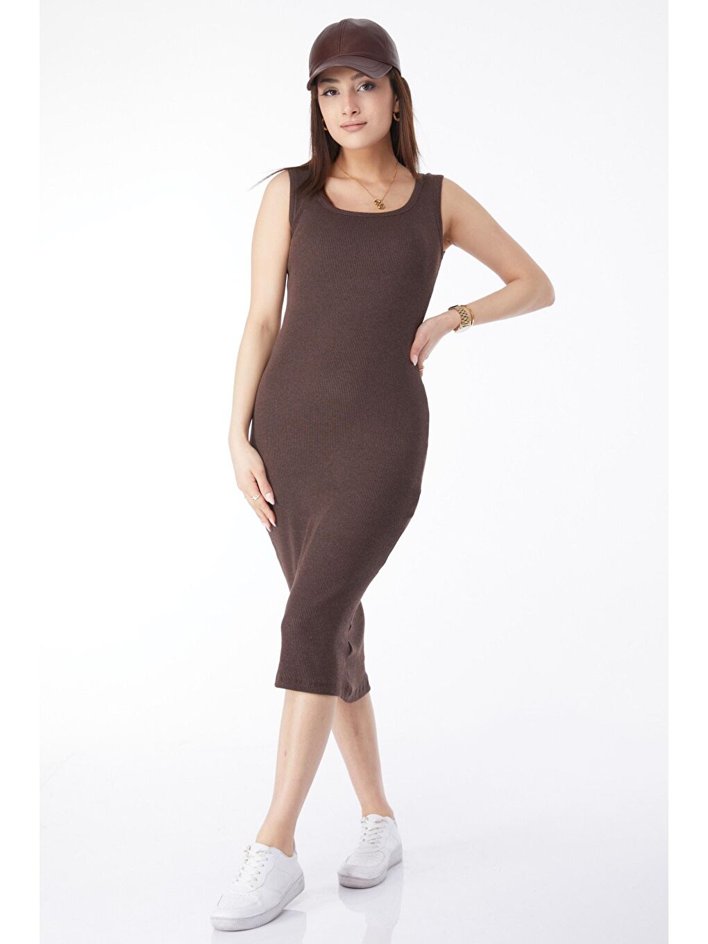 Bisiklet Yaka Kadın Kahverengi Kalın Askılı Elastanlı Midi Elbise - 24527-1
