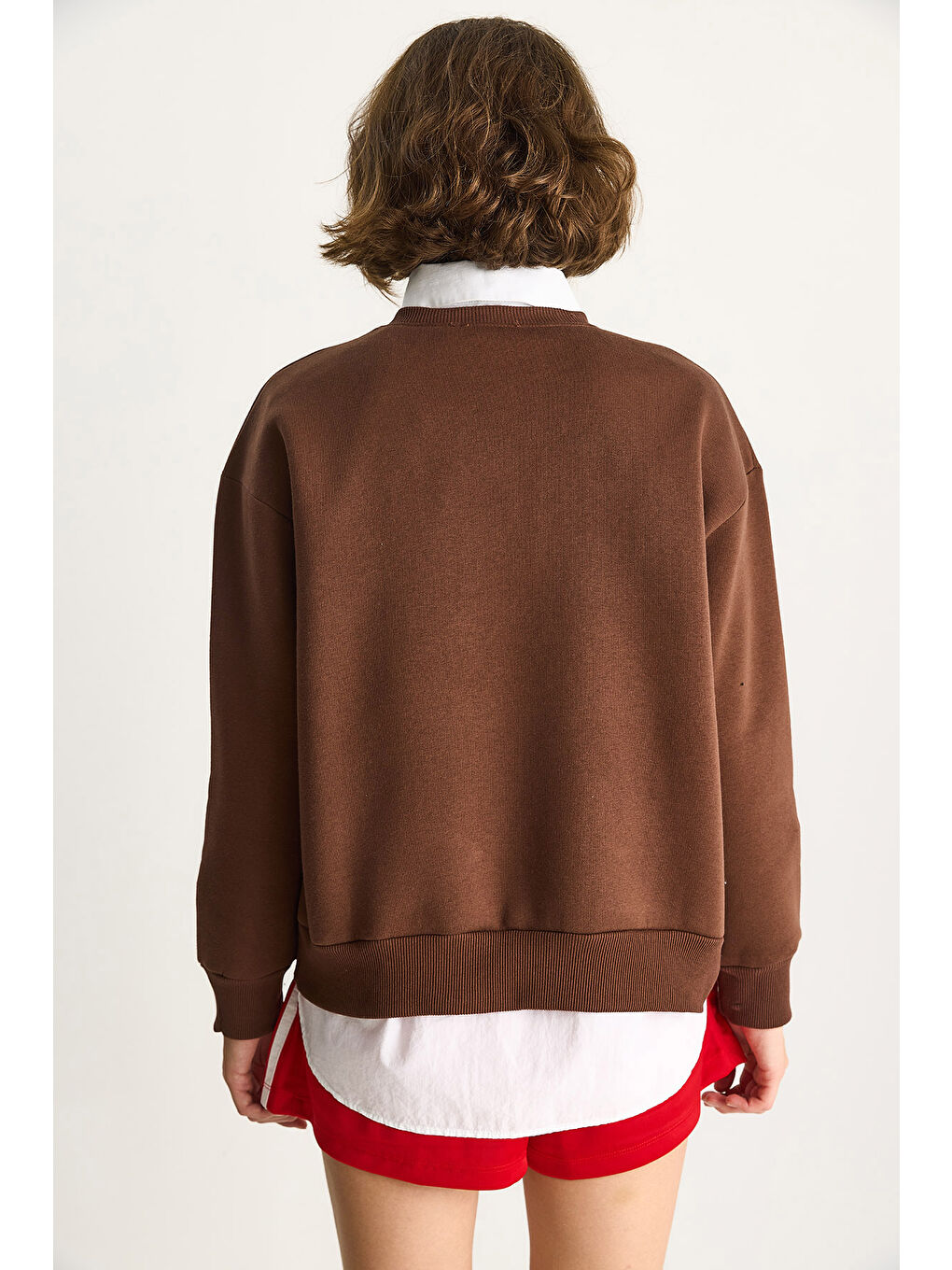 Kahverengi Kadın Teddy Nakış İşlemeli Bisiklet Yaka Salaş Sweatshirt-6