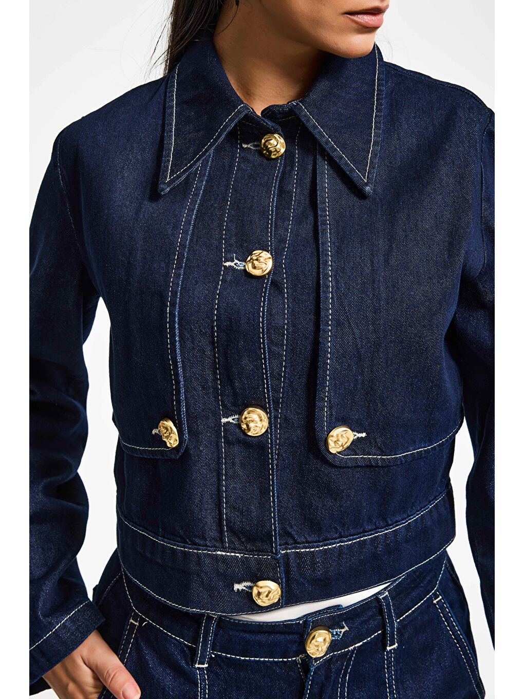 Kadın İndigo Renk 7s6-50 Crop Fit Viskon Kumaş Özel Tasarım Denim Ceket-2