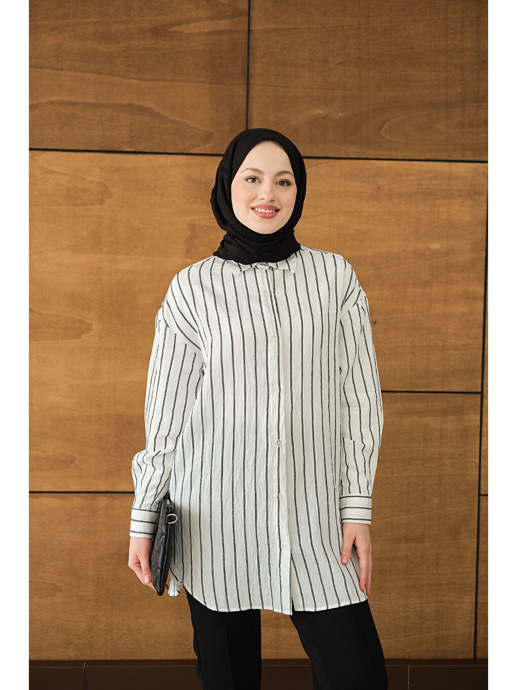 Kadın Çizgili Basic Gömlek Beyaz