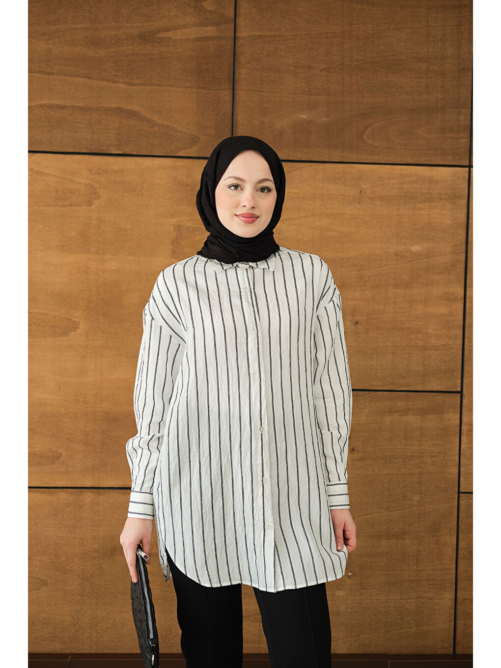 Kadın Çizgili Basic Gömlek Beyaz-1