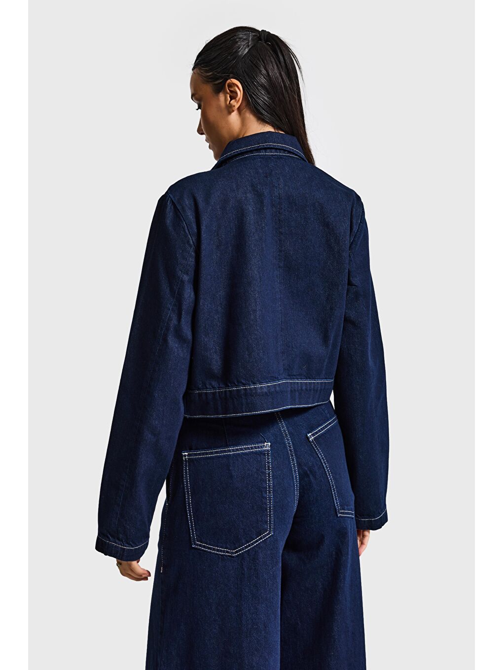Kadın İndigo Renk 7s6-50 Crop Fit Viskon Kumaş Özel Tasarım Denim Ceket-4