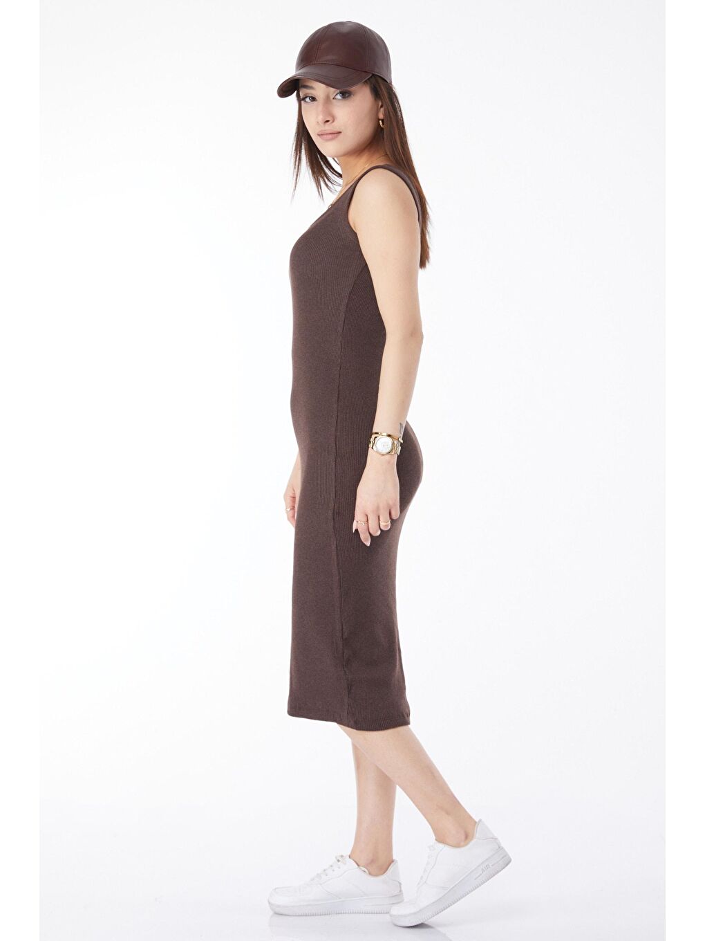 Bisiklet Yaka Kadın Kahverengi Kalın Askılı Elastanlı Midi Elbise - 24527-3