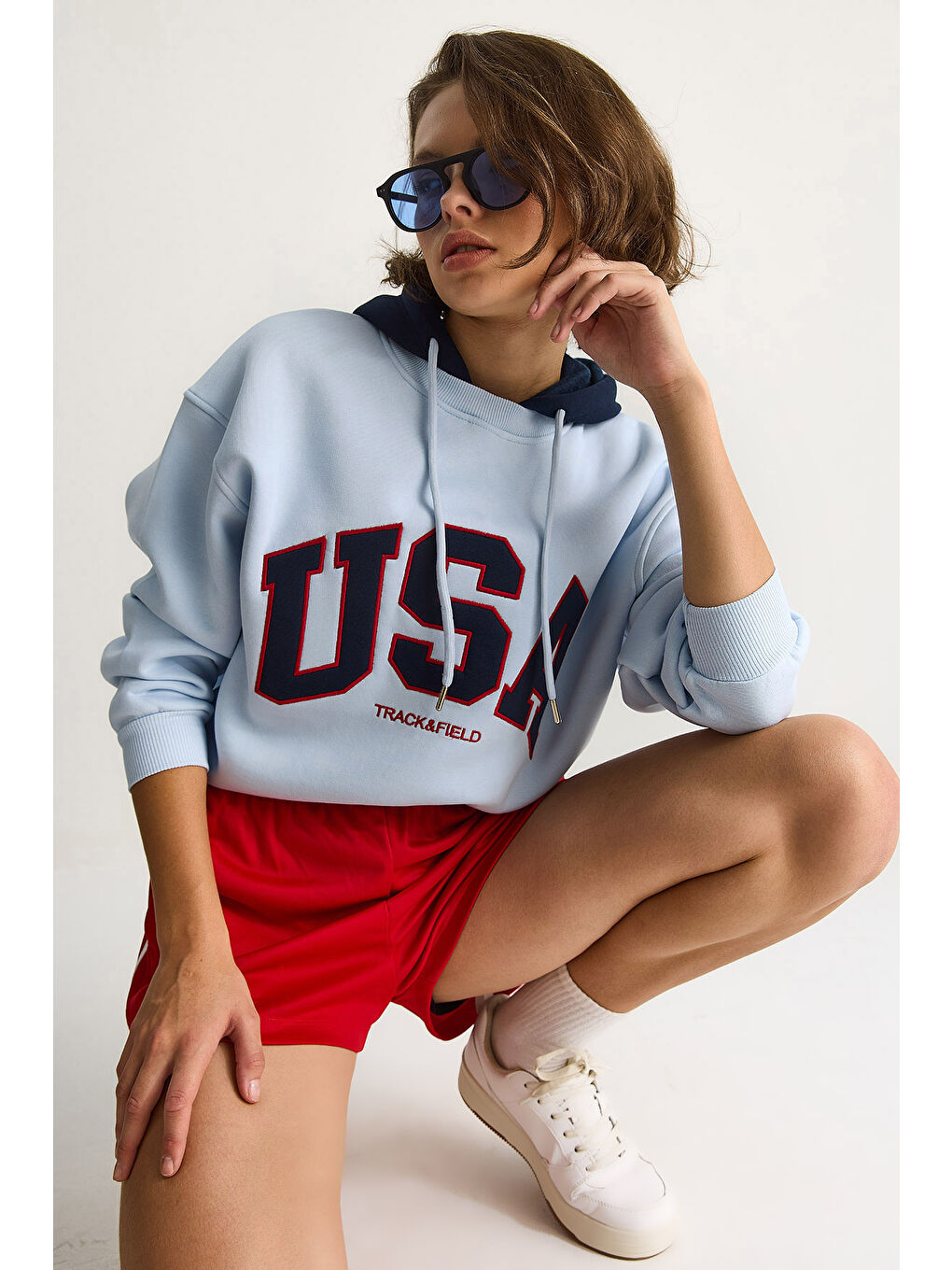 Mavi Kadın USA İşlemeli Şardonlu Kapüşonlu Salaş Sweatshirt-2