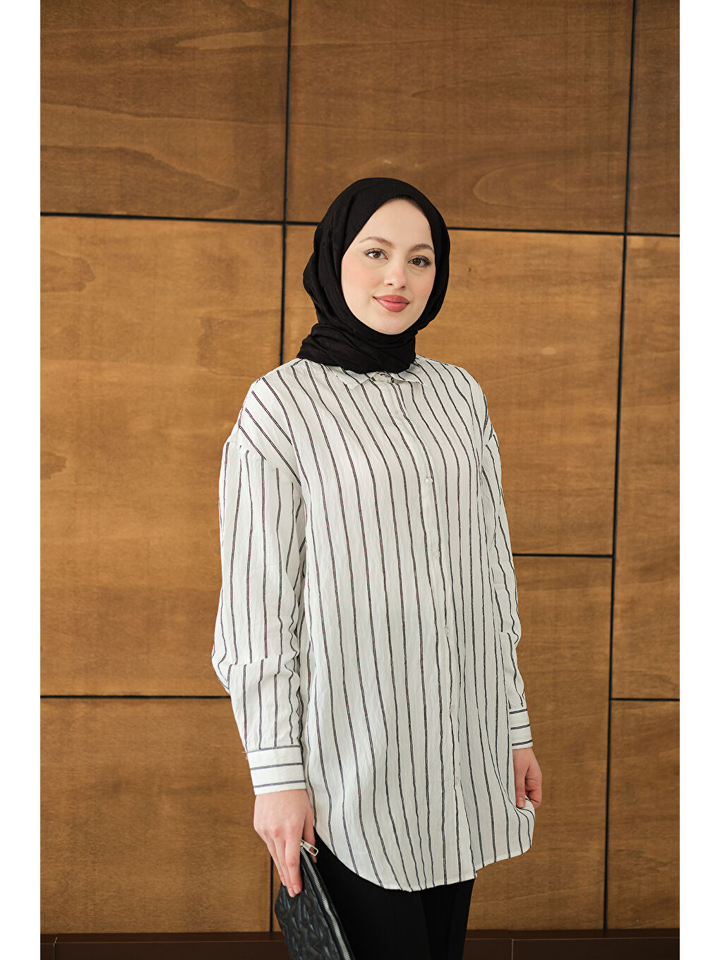 Kadın Çizgili Basic Gömlek Beyaz-2