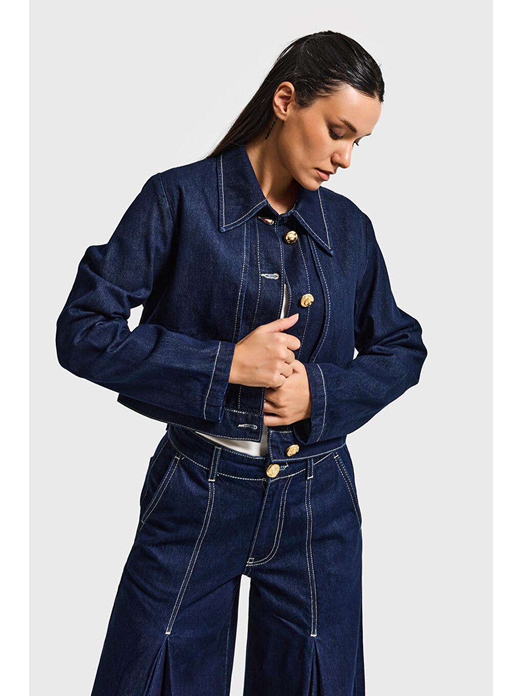 Kadın İndigo Renk 7s6-50 Crop Fit Viskon Kumaş Özel Tasarım Denim Ceket-5