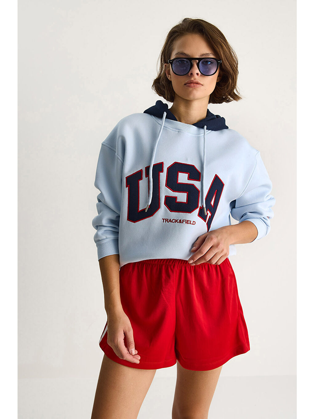 Mavi Kadın USA İşlemeli Şardonlu Kapüşonlu Salaş Sweatshirt-3