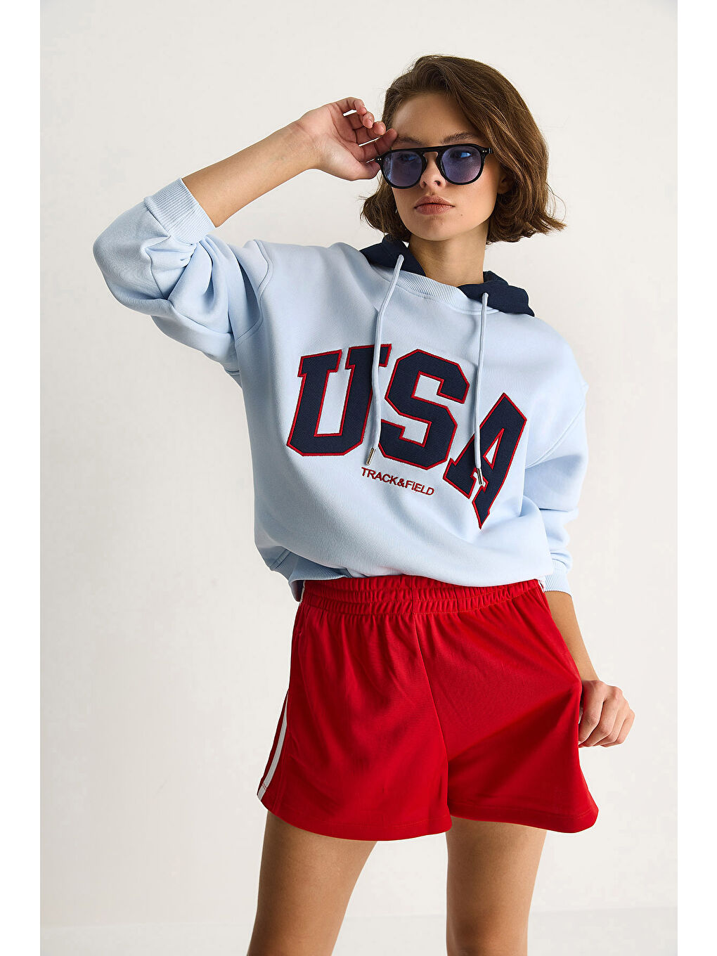 Mavi Kadın USA İşlemeli Şardonlu Kapüşonlu Salaş Sweatshirt-4