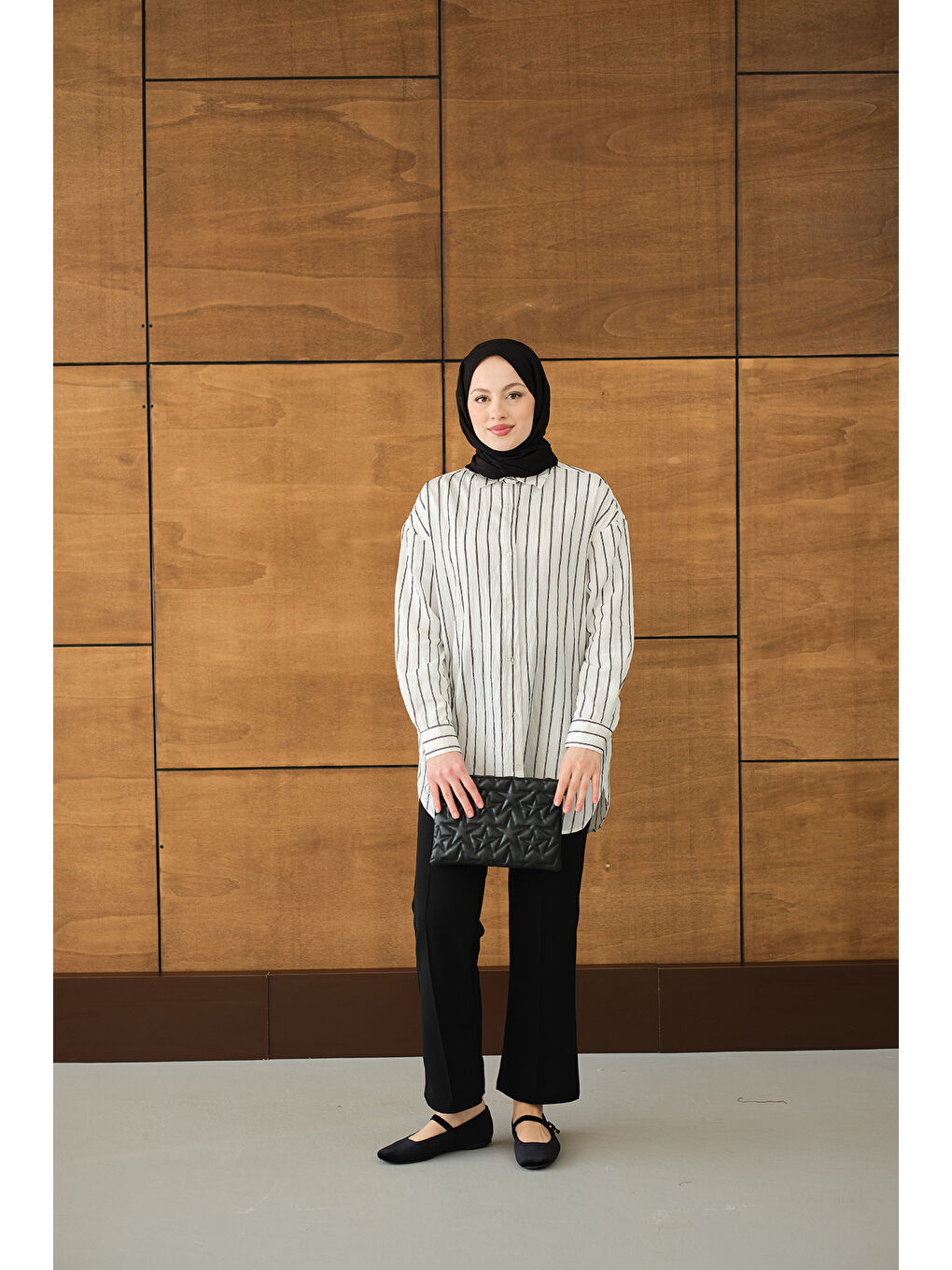 Kadın Çizgili Basic Gömlek Beyaz-3