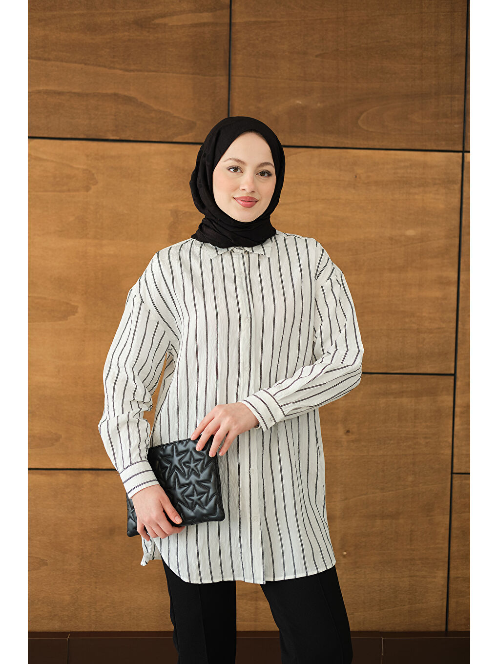 Kadın Çizgili Basic Gömlek Beyaz-4