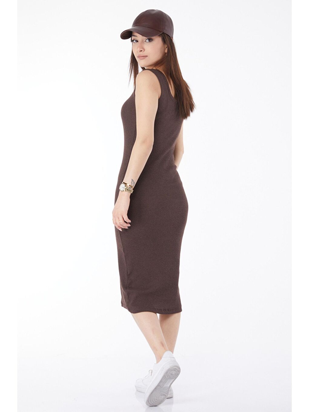 Bisiklet Yaka Kadın Kahverengi Kalın Askılı Elastanlı Midi Elbise - 24527-4