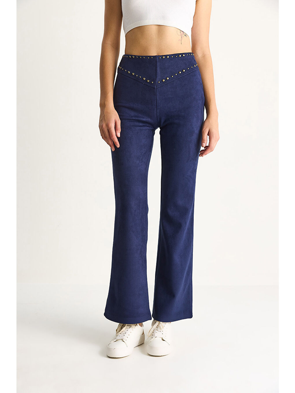 Lacivert Kadın Metal Detaylı Suni Süet İspanyol Paça Pantolon-3