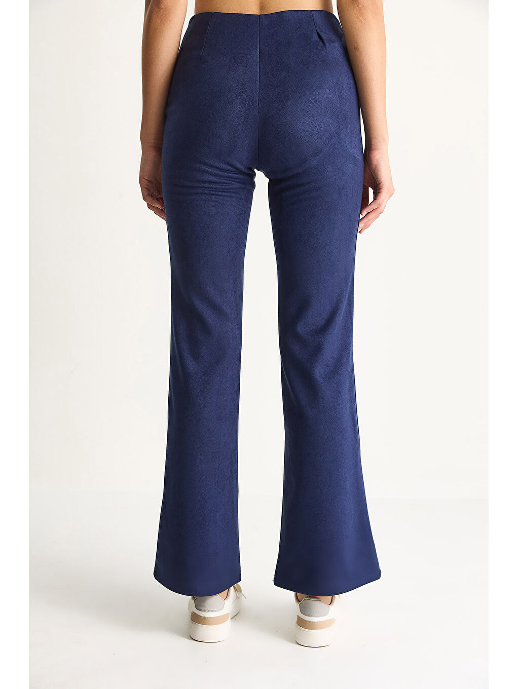 Lacivert Kadın Metal Detaylı Suni Süet İspanyol Paça Pantolon-5