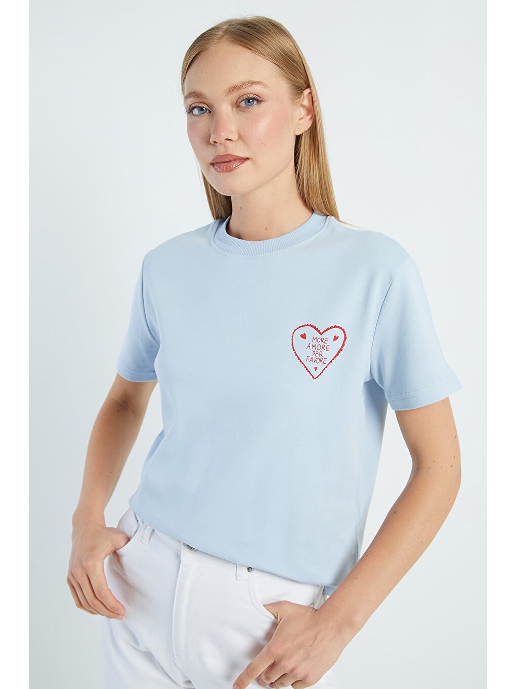 Mavi More Amore Per Favore Baskılı Tişört-1