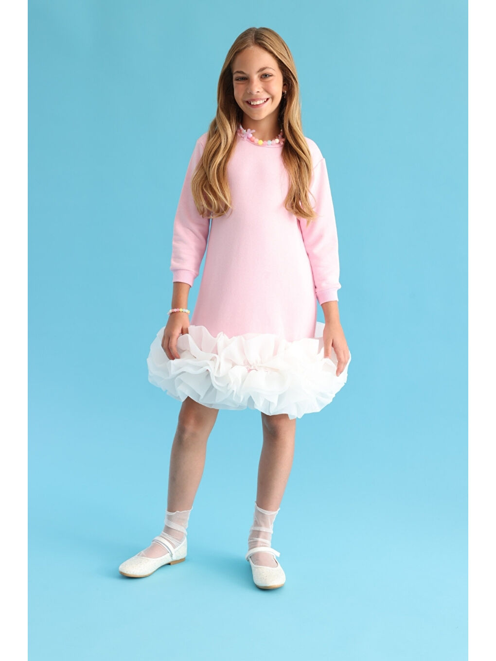 Pembe  Etek Ucu Fırfırlı Kız Çocuk Elbise - Alix