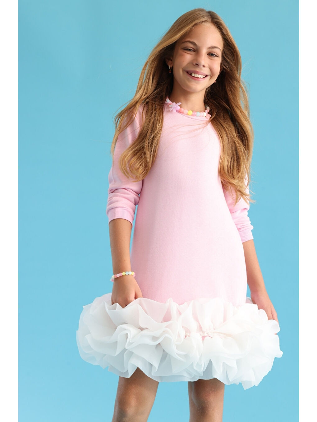 Pembe  Etek Ucu Fırfırlı Kız Çocuk Elbise - Alix-1