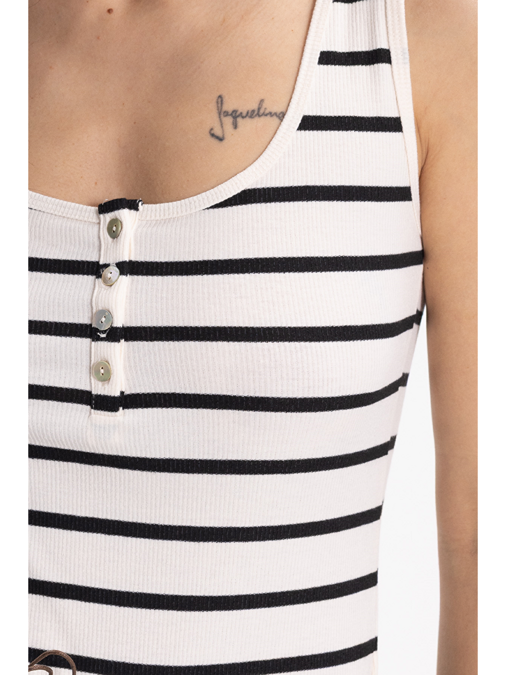 Kadın Slim Fit Dar Kesim Pamuklu Askılı Kare Yaka Çizgili Beyaz Crop-3