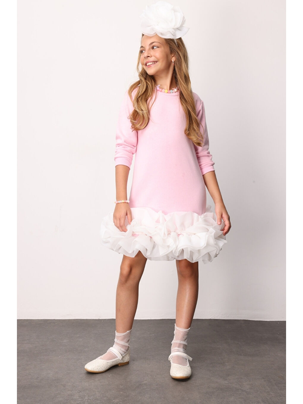 Pembe  Etek Ucu Fırfırlı Kız Çocuk Elbise - Alix-2