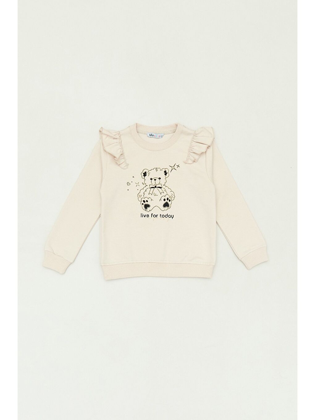 Bej Ayıcık Baskılı Kolu Fırfırlı Bisiklet Yaka Kız Çocuk Sweatshirt