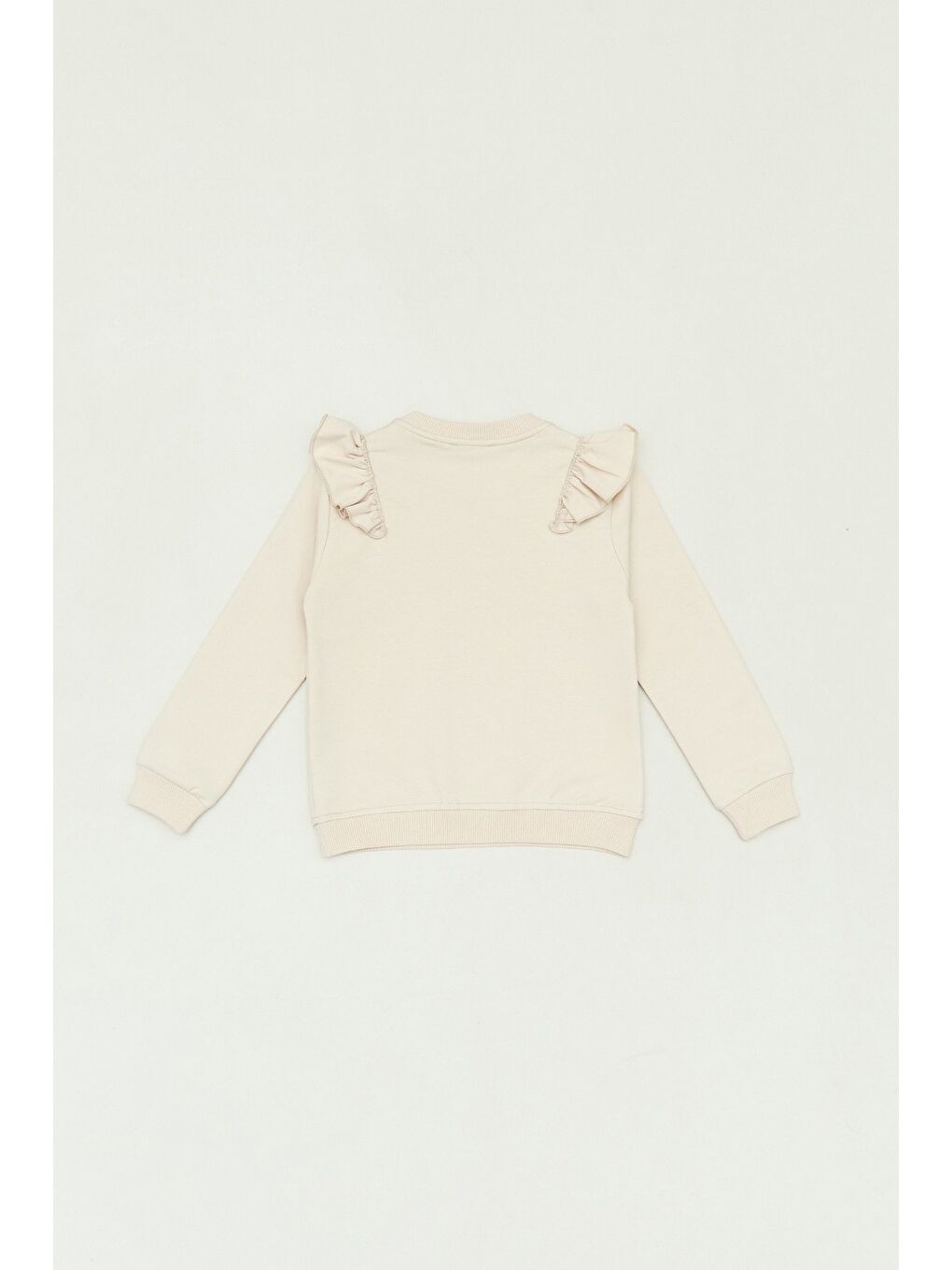 Bej Ayıcık Baskılı Kolu Fırfırlı Bisiklet Yaka Kız Çocuk Sweatshirt-1