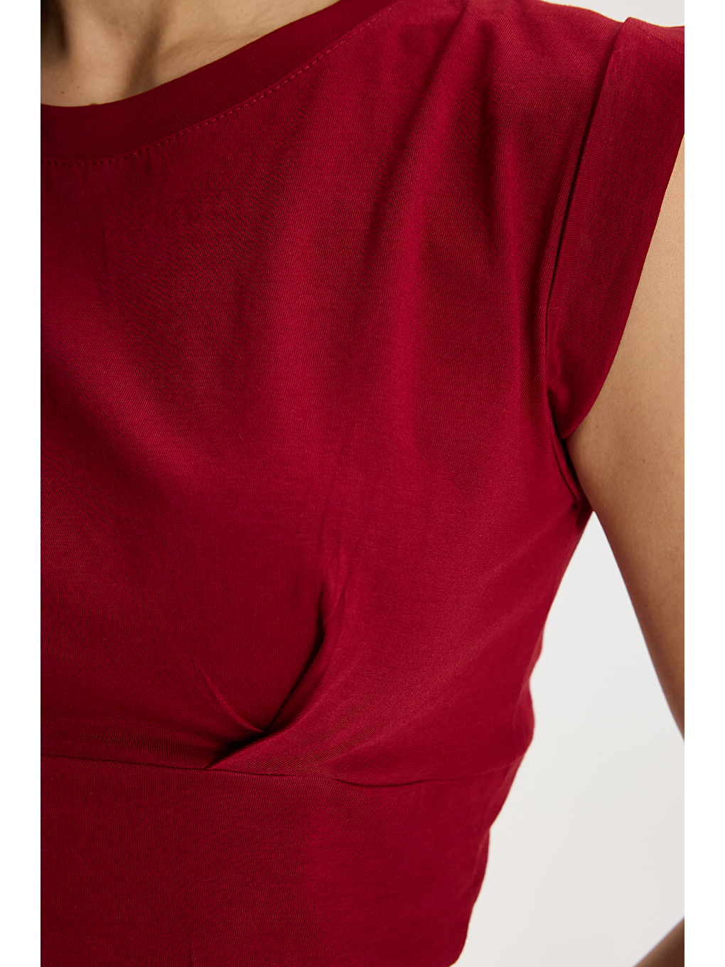 Kadın Slim Fit %100 Pamuk Pileli Yumuşak Doku Bordo Bisiklet Yaka Crop Bluz-3
